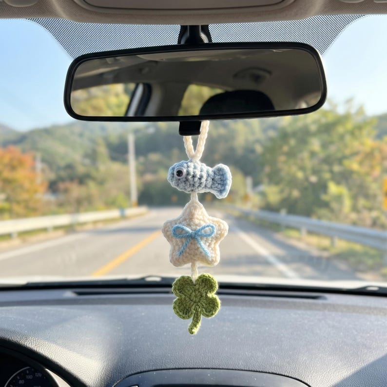 Handmade Crochet Car Charm with Fish, Star & Clover for Rearview Mirror