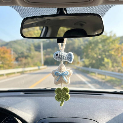 Handmade Crochet Car Charm with Fish, Star & Clover for Rearview Mirror