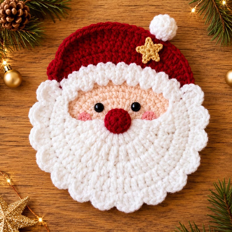 Santa Crochet Coaster, Christmas Mug Rug, Holiday Cup Mat, Handmade Decor, Stocking Stuffer, Secret Gift