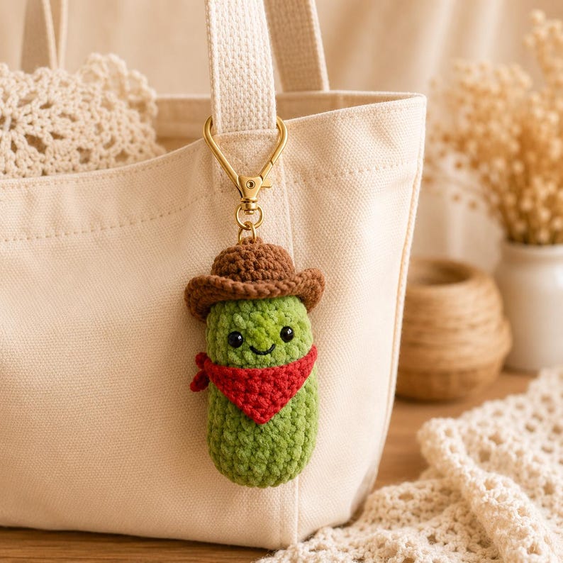 Custom Lucky Cowboy Pickle Crochet Keychain, Emotional Support Pickle Car Charm, Funny Western Bag Accessory, Personalized Amigurumi Gift
