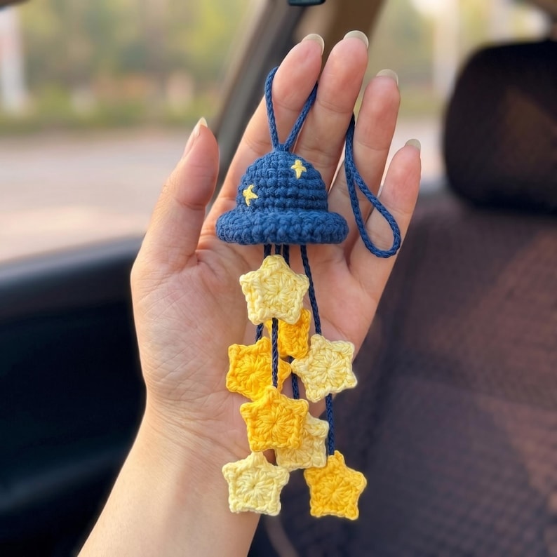 Handmade Crochet Wizard Hat Car Charm with Dangling Stars