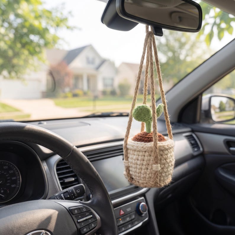 Handmade Crochet Car Mirror Charm, Cute Sprout Plant Hanging Decoration