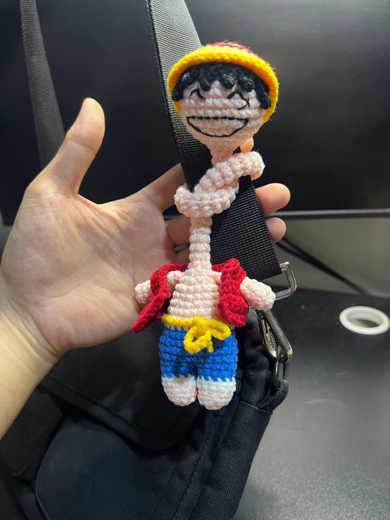 Straw Hat Boy Long Neck Crochet Keychain - Pirate Captain Amigurumi Doll, Anime Gift,