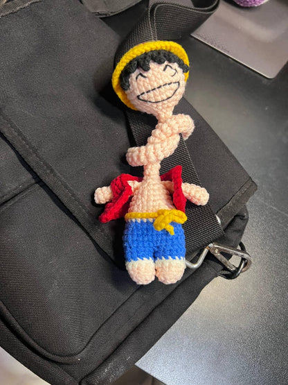 Straw Hat Boy Long Neck Crochet Keychain - Pirate Captain Amigurumi Doll, Anime Gift,