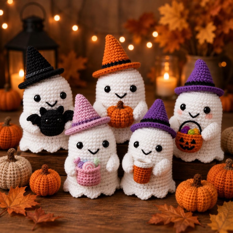 Spooky Cute Crochet Ghost, Halloween Tiered Tray Decor, Amigurumi Ghost Desk Pet, Fall Boo Basket Gift, Cute Witch Hat Autumn Decor