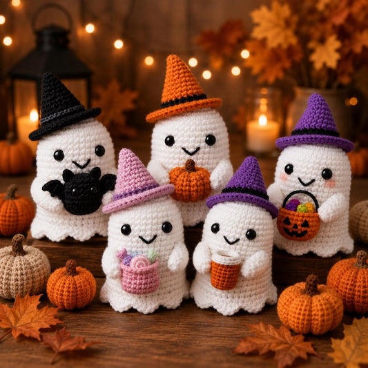 Spooky Cute Crochet Ghost, Halloween Tiered Tray Decor, Amigurumi Ghost Desk Pet, Fall Boo Basket Gift, Cute Witch Hat Autumn Decor