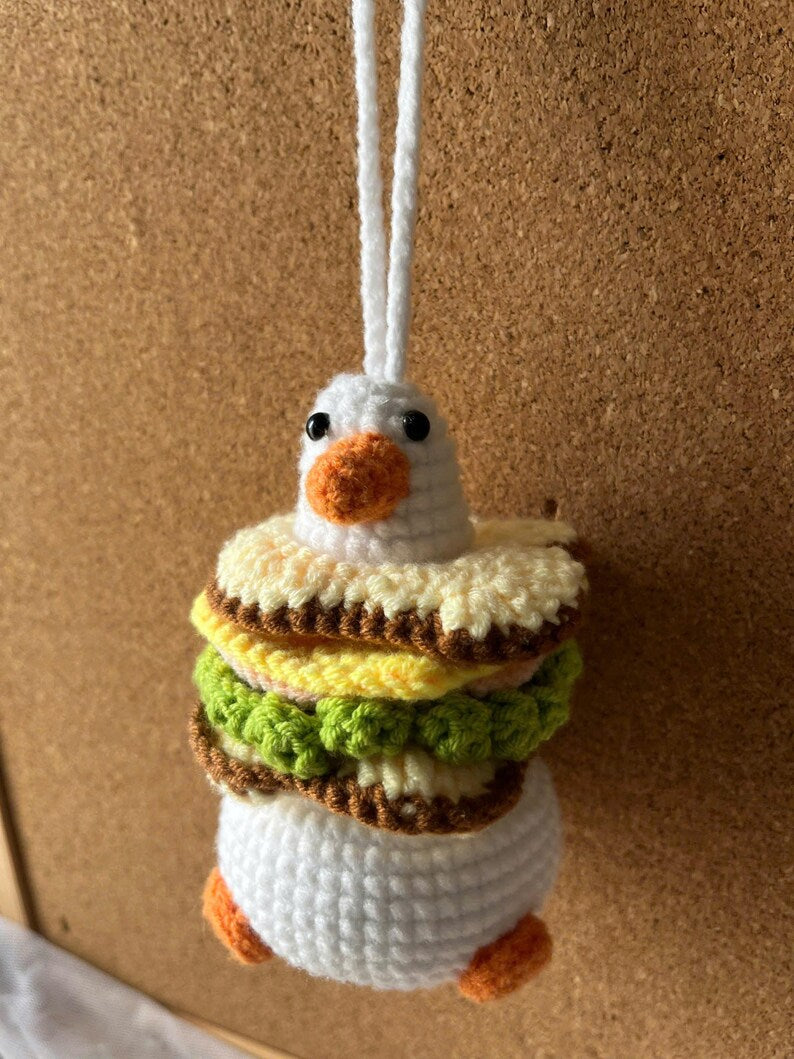 Handmade Kawaii Burger Duck Crochet Car Charm for Rear View Mirror
