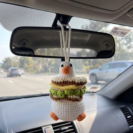 Handmade Kawaii Burger Duck Crochet Car Charm for Rear View Mirror