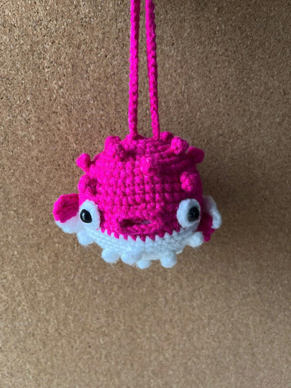 Hot Pink Kawaii Pufferfish Crochet Keychain Handmade Amigurumi Gift