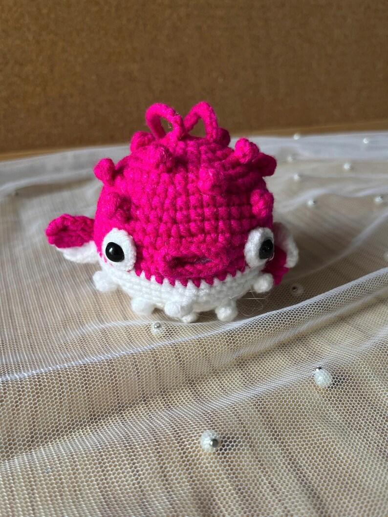 Hot Pink Kawaii Pufferfish Crochet Keychain Handmade Amigurumi Gift