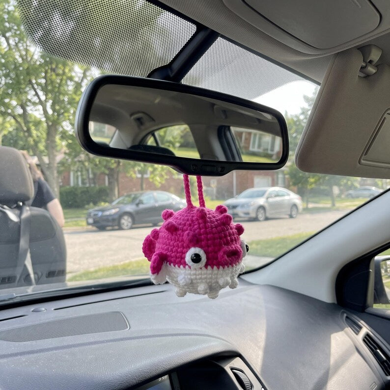 Hot Pink Kawaii Pufferfish Crochet Keychain Handmade Amigurumi Gift