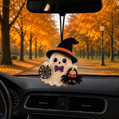 Crochet Halloween Ghost Car Charm, Cute Witch Ghost Keychain, Kawaii Spooky Ornament, Rearview Mirror Hanging Decor, Handmade Halloween Gift