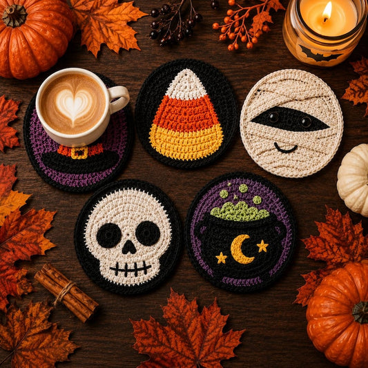 Halloween Crochet Coaster | Handmade Spooky Cup Mat, Cute Ghost Pumpkin Decor, Fall Table Gift