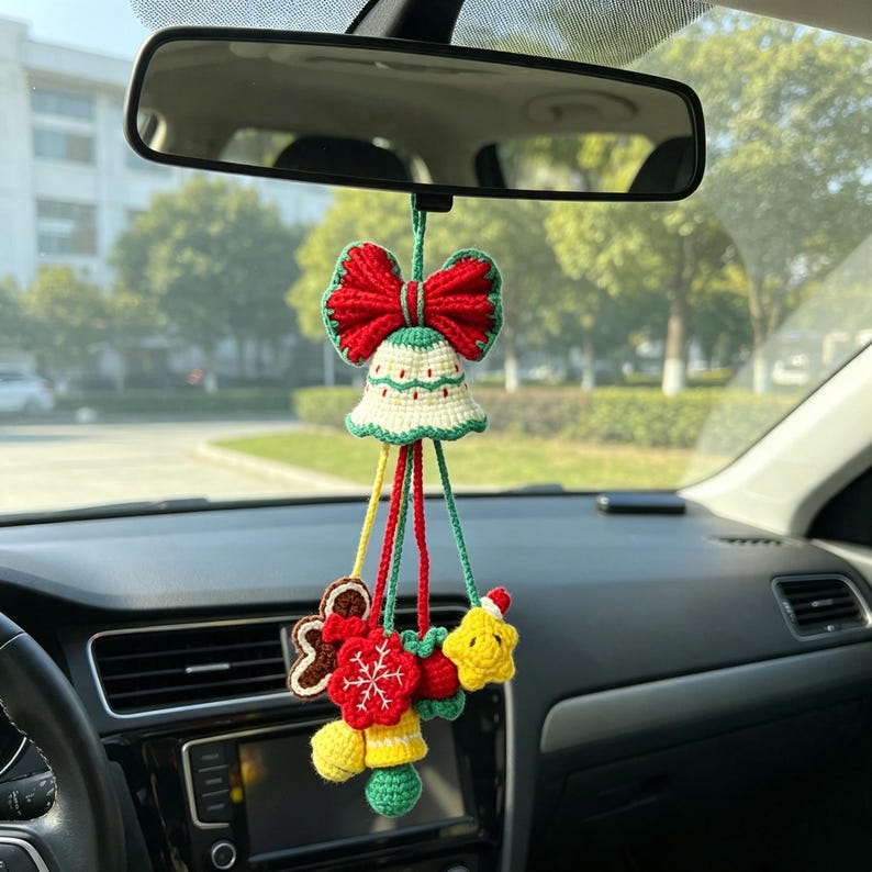 Hand-Crocheted Xmas Auto Hanging, Festive Rearview Mirror Ornament, Winter Vehicle Interior Accent, Themed Holiday Present for Motorists