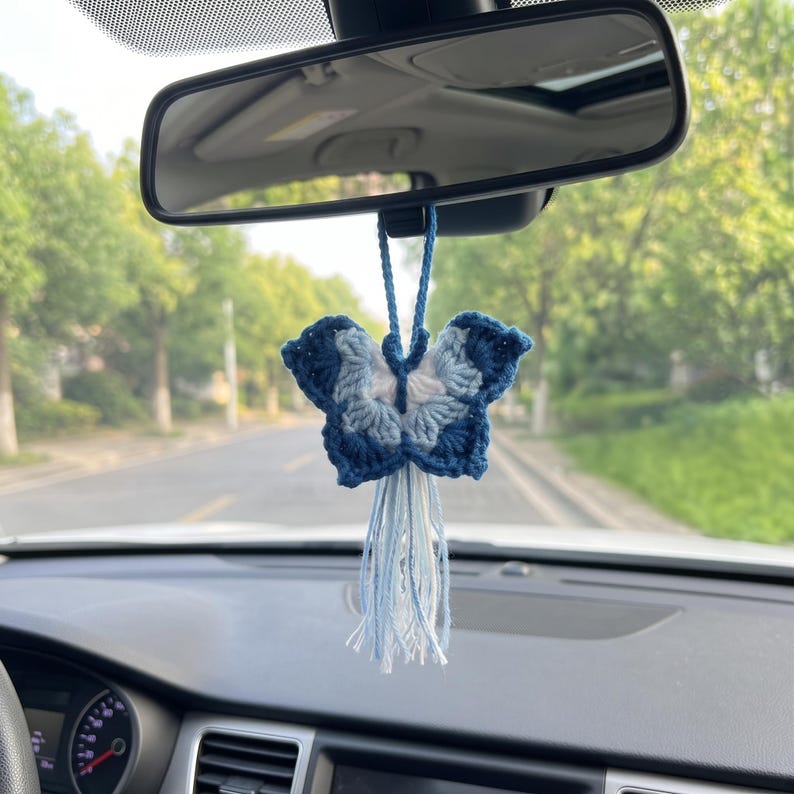 Handmade Crochet Butterfly Car Mirror Charm with Tassel