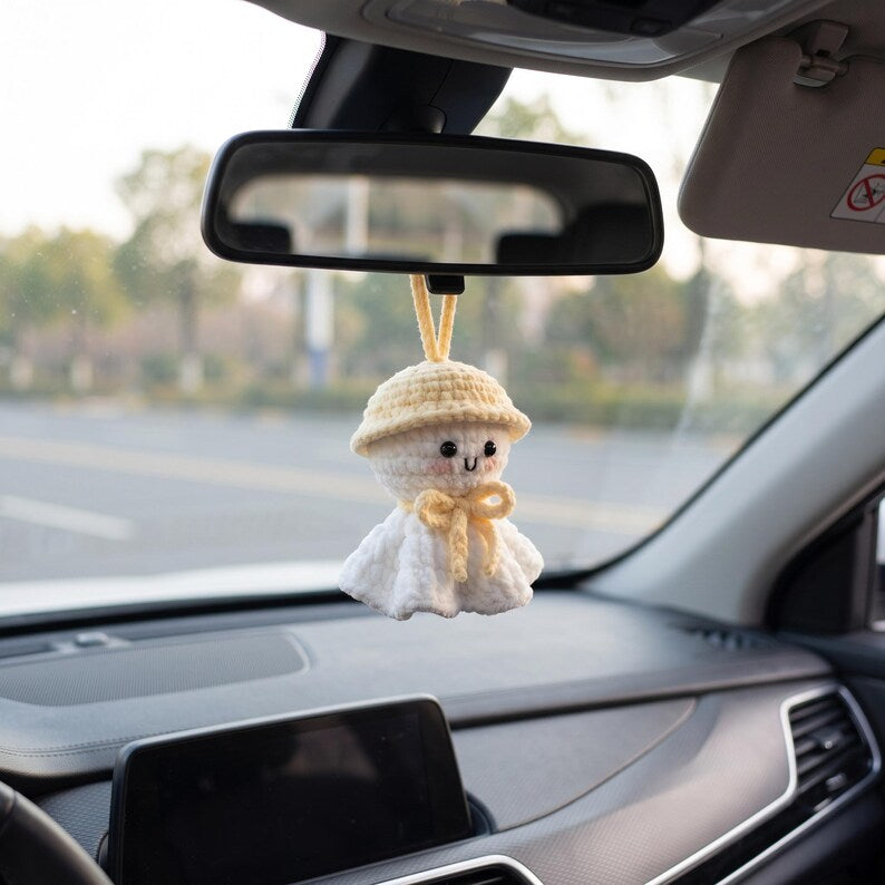 Handmade Kawaii Ghost Crochet Car Charm with Bucket Hat