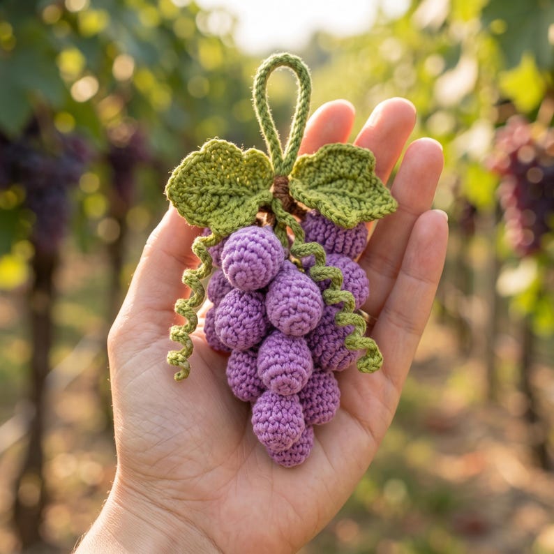 Handmade Crochet Grape Cluster Charm for Car Mirror