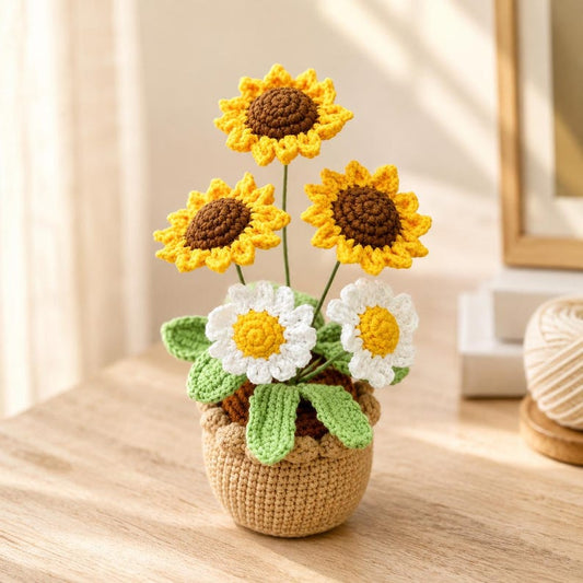 Crochet Sunflower Pot | Handmade Stuffed Yarn Flower Plant | Cute Desk Decor Gift for Her
