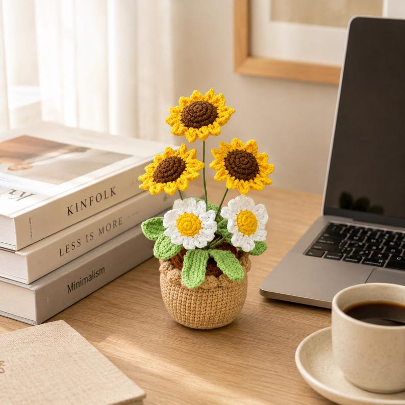 Crochet Sunflower Pot | Handmade Stuffed Yarn Flower Plant | Cute Desk Decor Gift for Her