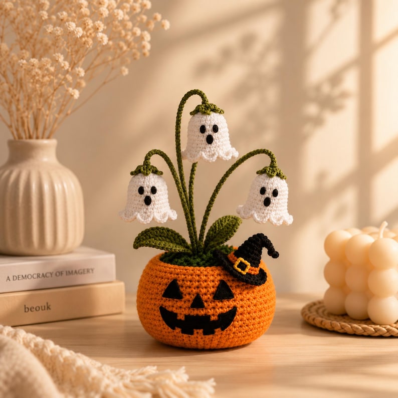 Crochet Halloween Pumpkin Ghost Pot, Halloween Desk Decor, Spooky Pumpkin Decor, Ghost Flower Pot, Handmade Gothic Home Decor,Halloween Gift