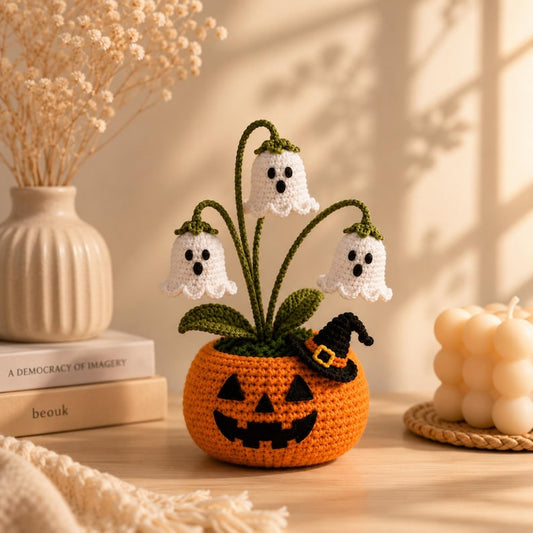 Crochet Halloween Pumpkin Ghost Pot, Halloween Desk Decor, Spooky Pumpkin Decor, Ghost Flower Pot, Handmade Gothic Home Decor,Halloween Gift