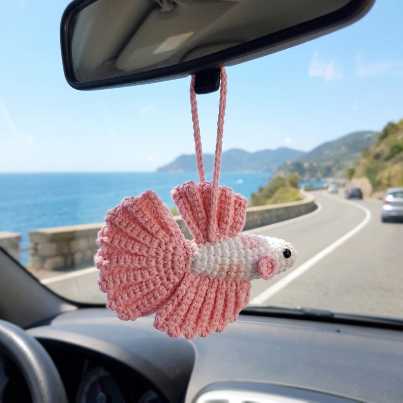 Handmade Crochet Betta Fish Rearview Mirror Charm for Car