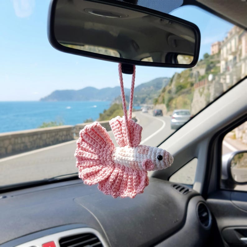 Handmade Crochet Betta Fish Rearview Mirror Charm for Car