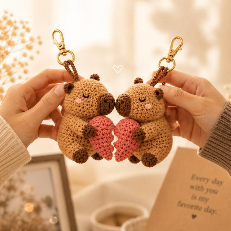 Crochet Capybara Couple Keychain, Handmade Amigurumi Plush, Matching Heart Gift for Couples, Anniversary Present, Cute Boho Decor