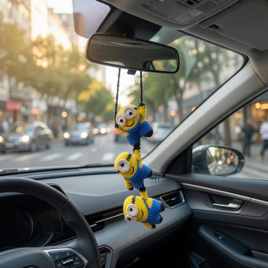 Funny Triple Yellow Buddies Crochet Car Mirror Hanging, Handmade Amigurumi Plush Charm, Rearview Decor