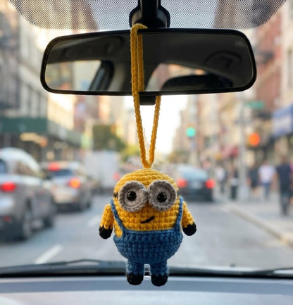 Funny Triple Yellow Buddies Crochet Car Mirror Hanging, Handmade Amigurumi Plush Charm, Rearview Decor