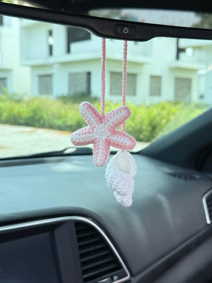 Crochet Starfish Car Hanging, Seashell Rearview Mirror Car Charm, Handmade Coastal Ornament, Cute Beach Car Decor, Summer Gift For Her
