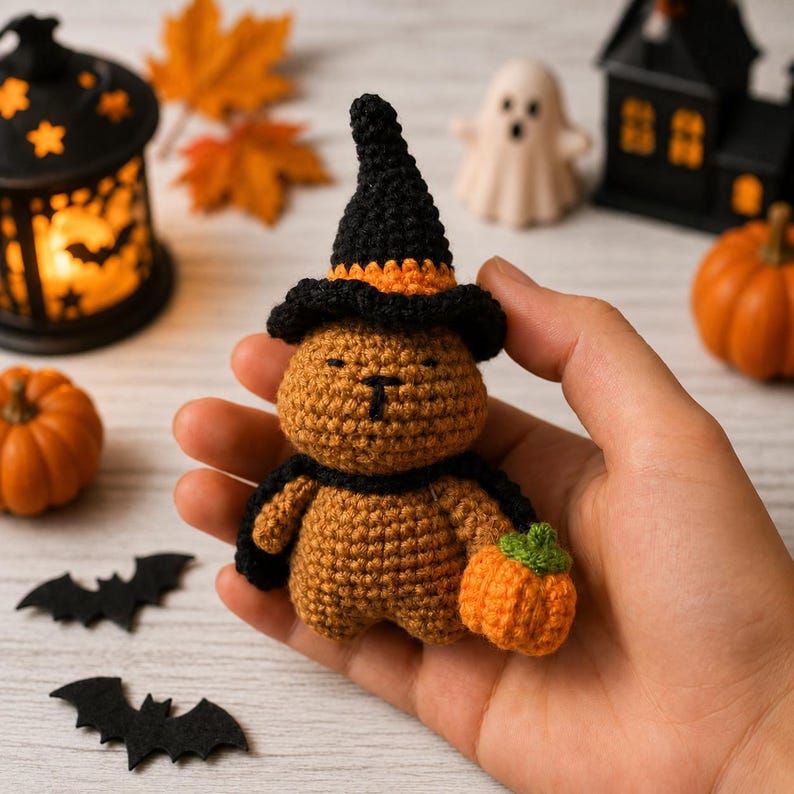 Crochet Keychain Halloween Witch | Amigurumi Capybara with Pumpkin Bag Charm | Handmade Spooky Ghost Cute Gift