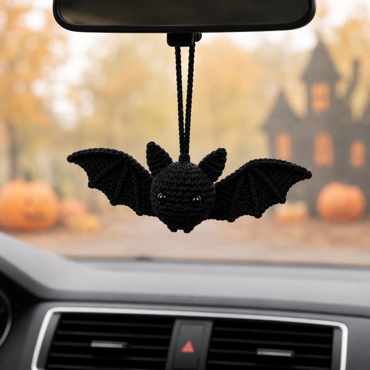 Crochet Bat Car Hanger, Bat Keychain, Halloween Rear View Mirror Charm, Cute Gothic Bat Plush, Handmade Halloween Gift, Spooky Decor