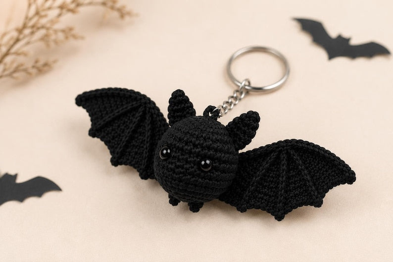 Crochet Bat Car Hanger, Bat Keychain, Halloween Rear View Mirror Charm, Cute Gothic Bat Plush, Handmade Halloween Gift, Spooky Decor