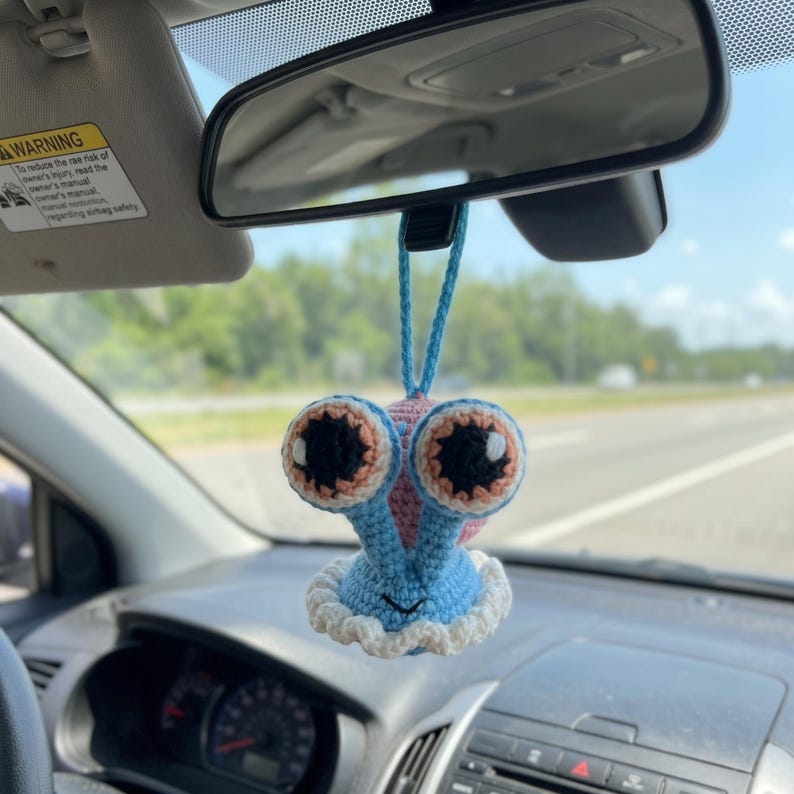Handmade Kawaii Snail Crochet Car Mirror Charm with Braided Cord