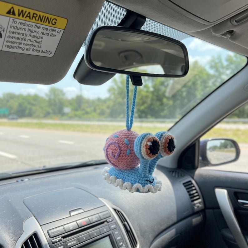 Handmade Kawaii Snail Crochet Car Mirror Charm with Braided Cord