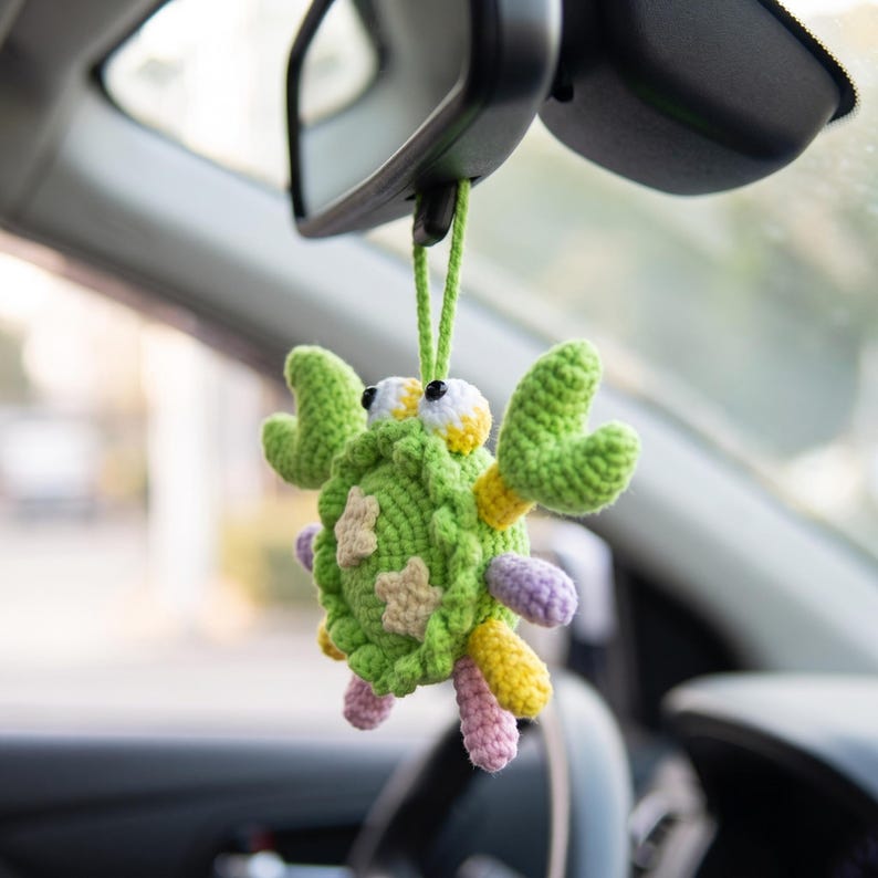 Handmade Kawaii Crochet Crab Rearview Mirror Charm for Car