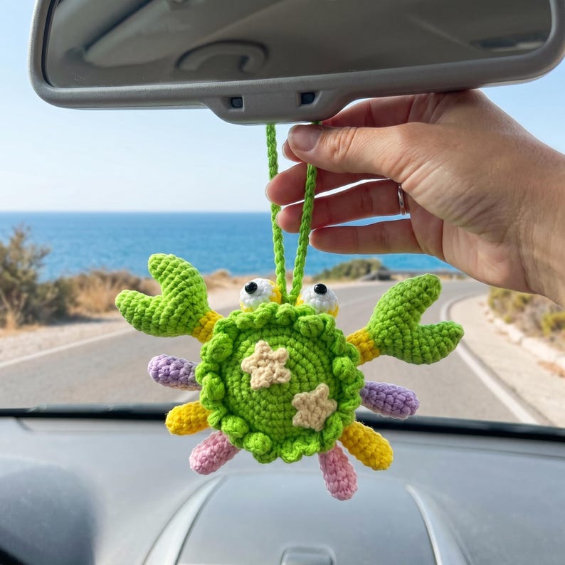 Handmade Kawaii Crochet Crab Rearview Mirror Charm for Car