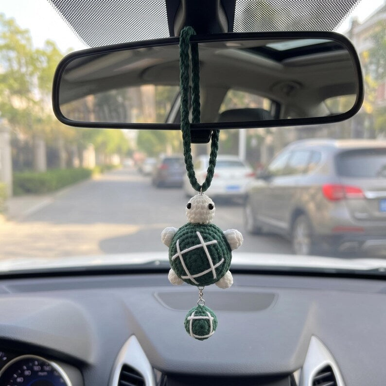 Handmade Crochet Turtle Charm for Car Rear View Mirror