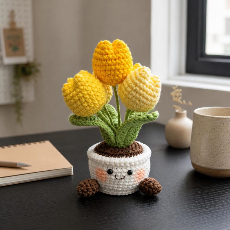 Crochet Flower Pot Set with Sunflower and Tulip Designs, Handmade Floral Desk Decor