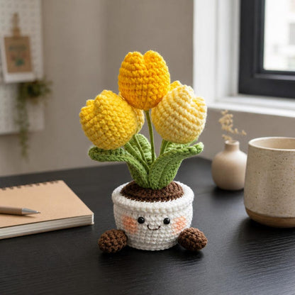 Crochet Flower Pot Set with Sunflower and Tulip Designs, Handmade Floral Desk Decor