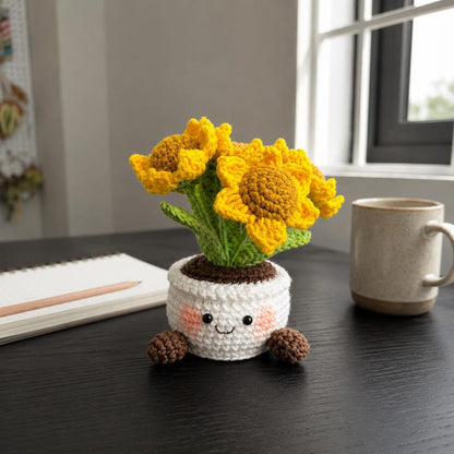Crochet Flower Pot Set with Sunflower and Tulip Designs, Handmade Floral Desk Decor