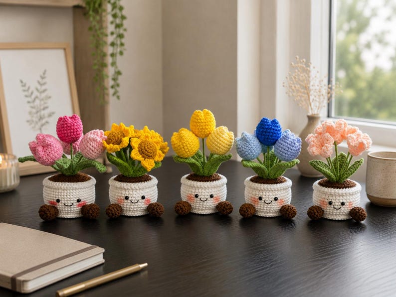 Crochet Flower Pot Set with Sunflower and Tulip Designs, Handmade Floral Desk Decor