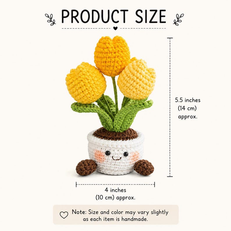 Crochet Flower Pot Set with Sunflower and Tulip Designs, Handmade Floral Desk Decor