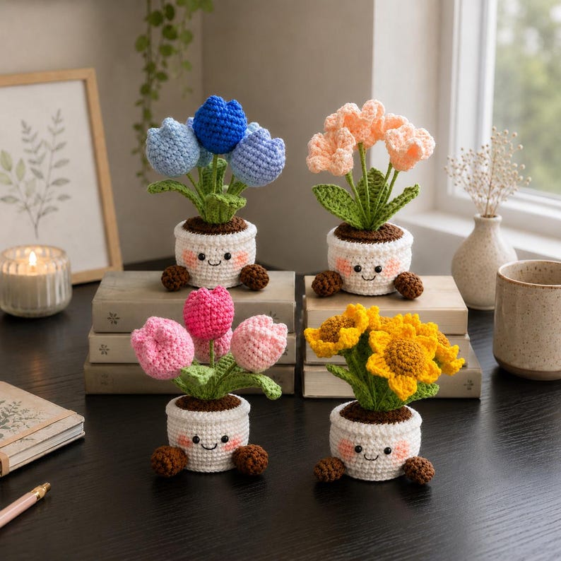 Crochet Flower Pot Set with Sunflower and Tulip Designs, Handmade Floral Desk Decor