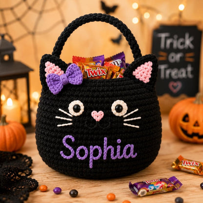 Personalized Crochet Black Cat Halloween Candy Bag, Handmade Trick or Treat Basket for Kids, Custom Cat Treat Bucket, Toddler Gift