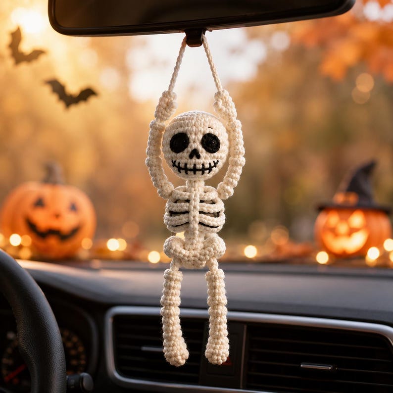 Crochet Skeleton Car Hanger, Skeleton Keychain, Halloween Front Door Hanger, Handmade Gothic Decor, Spooky Gift, Halloween Car Charm