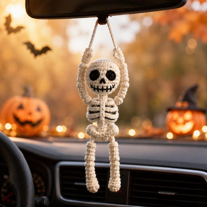 Crochet Skeleton Car Hanger, Skeleton Keychain, Halloween Front Door Hanger, Handmade Gothic Decor, Spooky Gift, Halloween Car Charm