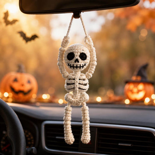 Crochet Skeleton Car Hanger, Skeleton Keychain, Halloween Front Door Hanger, Handmade Gothic Decor, Spooky Gift, Halloween Car Charm