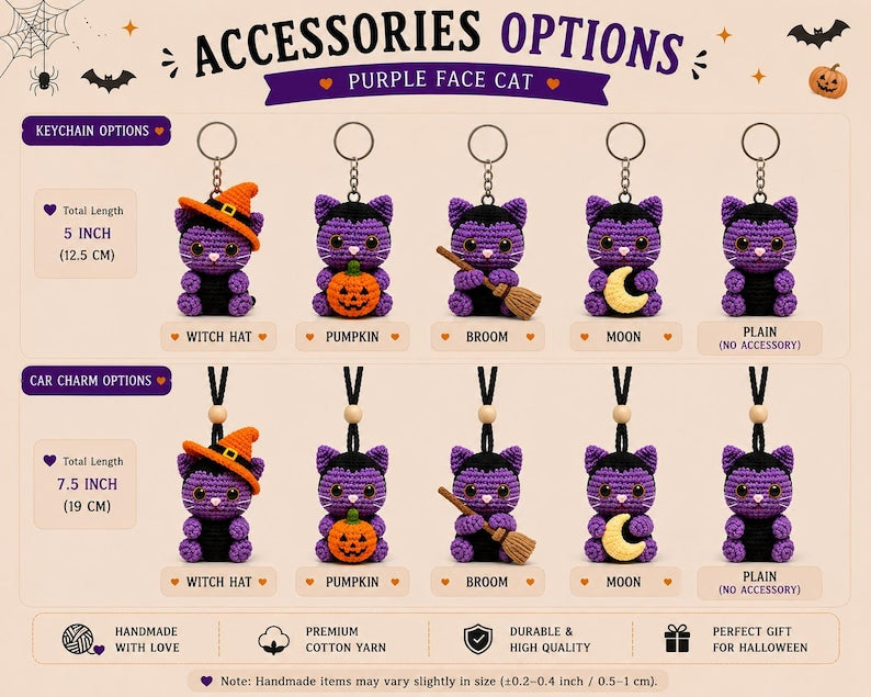 Crochet Purple Cat Keychain, Halloween Cat Car Charm, Witch Cat Plush, Pumpkin Cat Key Ring, Cute Handmade Gift, Spooky Decor